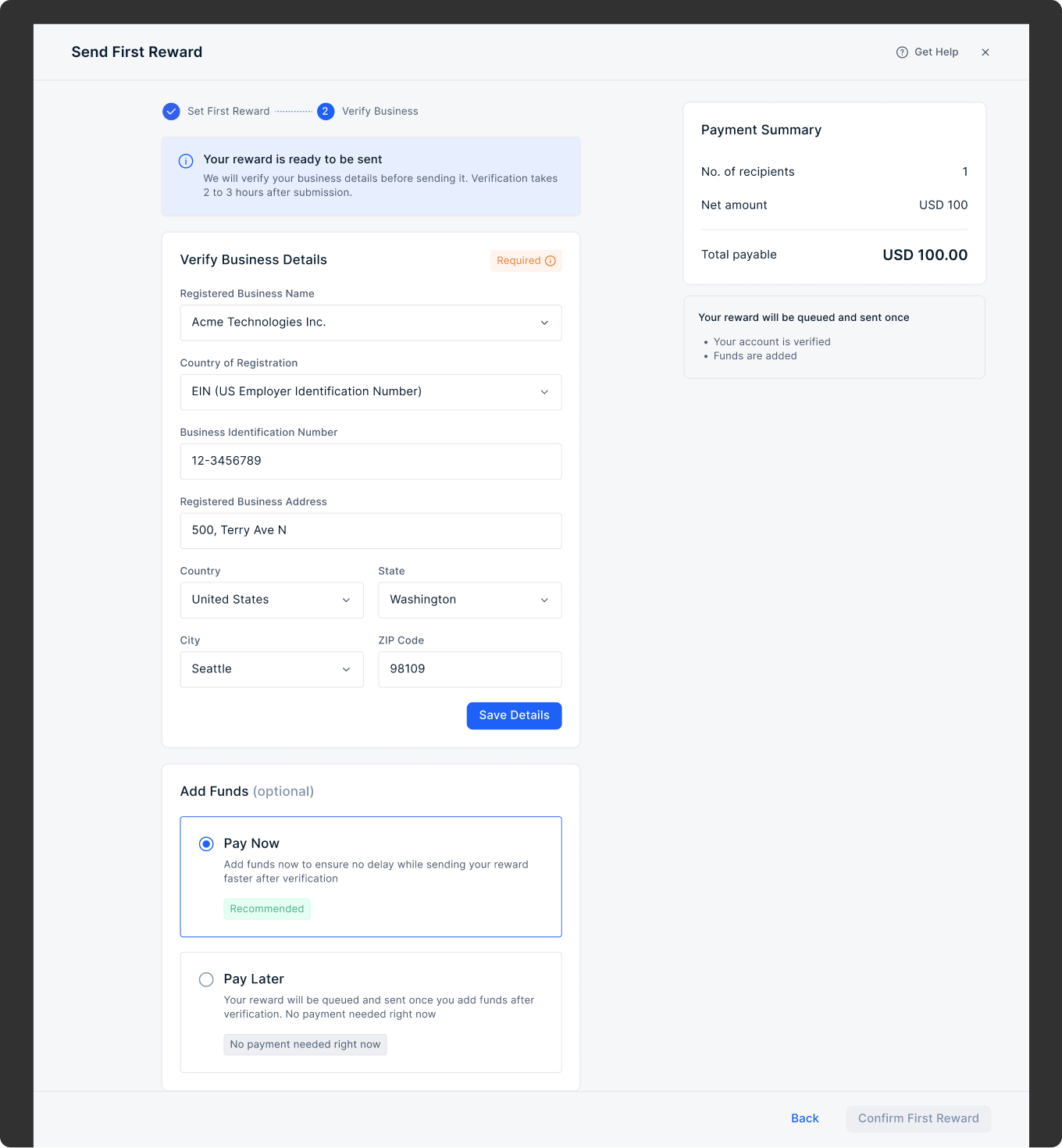 Send First Reward with verify business details and add funds payment summary